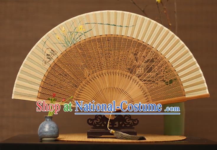 Traditional Chinese Crafts Hand Painting Orchid Silk Folding Fan, China Handmade Hollow Out Bamboo Fans for Women