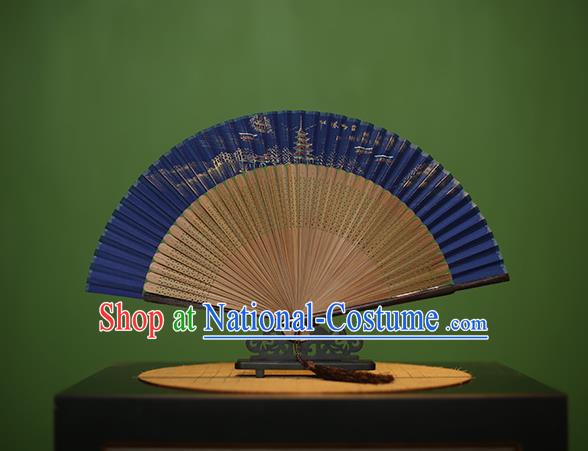 Traditional Chinese Crafts Hand Painting Leifeng Pagoda Blue Silk Folding Fan, China Handmade Bamboo Fans for Women