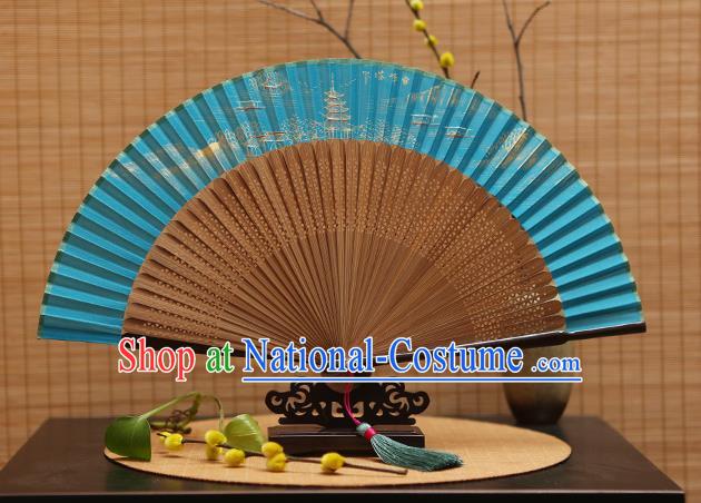 Traditional Chinese Crafts Hand Painting Leifeng Pagoda Blue Silk Folding Fan, China Handmade Bamboo Fans for Women