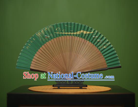 Traditional Chinese Crafts Hand Painting Leifeng Pagoda Green Silk Folding Fan, China Handmade Bamboo Fans for Women