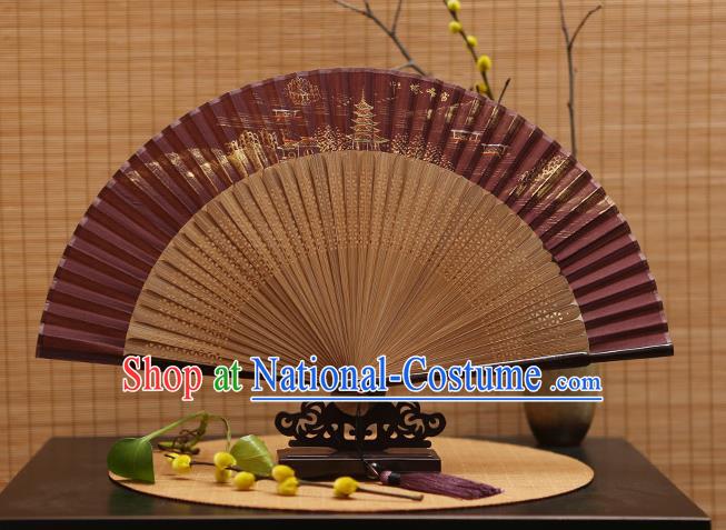 Traditional Chinese Crafts Hand Painting Leifeng Pagoda Amaranth Silk Folding Fan, China Handmade Bamboo Fans for Women