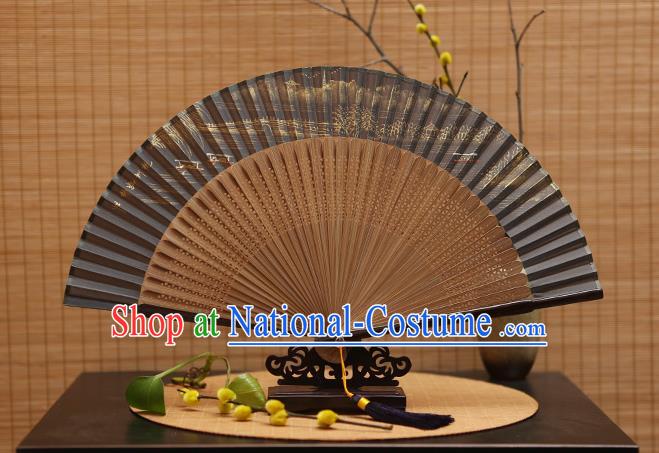 Traditional Chinese Crafts Hand Painting Leifeng Pagoda Grey Silk Folding Fan, China Handmade Bamboo Fans for Women