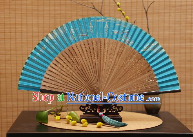 Traditional Chinese Crafts Hand Painting West Lake Blue Silk Folding Fan, China Handmade Bamboo Fans for Women