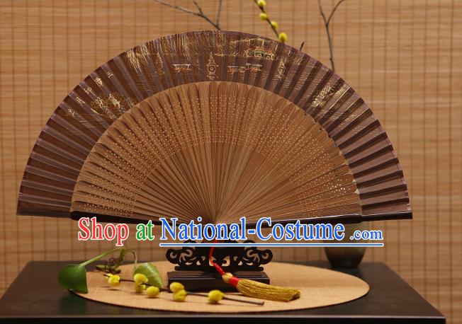 Traditional Chinese Crafts Hand Painting West Lake Brown Silk Folding Fan, China Handmade Bamboo Fans for Women