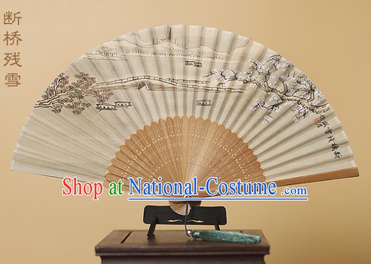 Traditional Chinese Crafts Printing Melting Snow at Broken Bridge Silk Folding Fan, China Handmade Bamboo Fans for Women