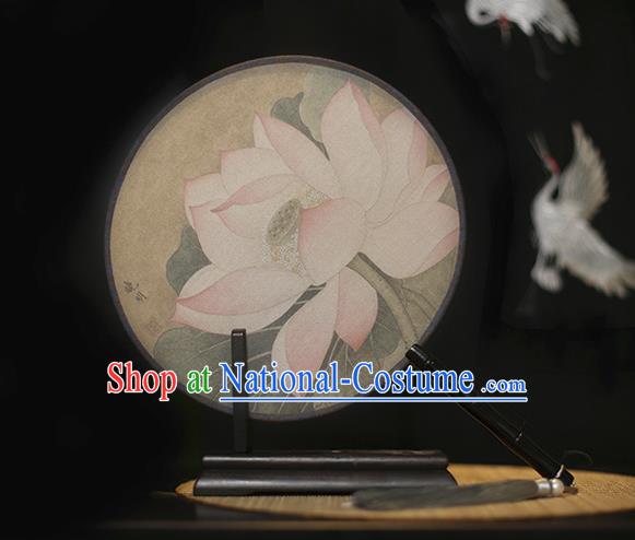 Traditional Chinese Crafts Printing Pink Lotus Silk Round Fan, China Palace Fans Princess Circular Fans for Women