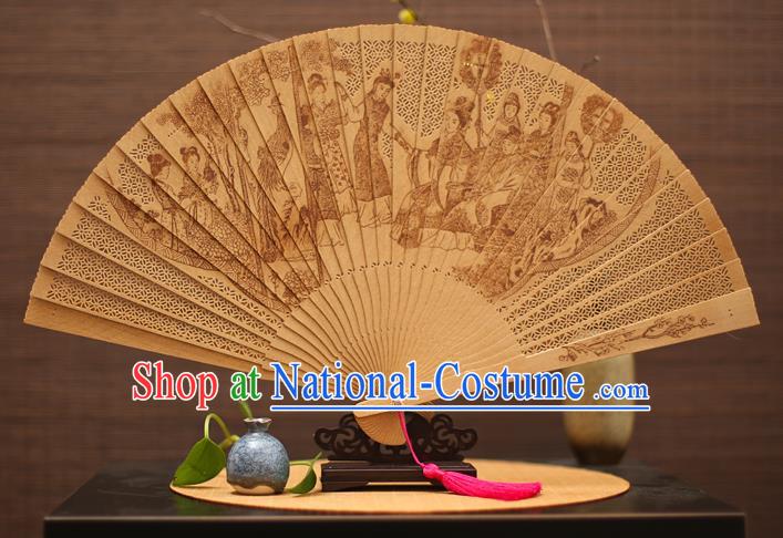 Traditional Chinese Crafts Sandalwood Folding Fan, China Handmade Hollow Out A Dream in Red Mansions Incienso Fans for Women