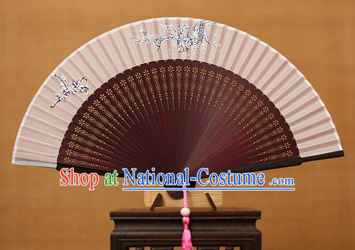 Traditional Chinese Crafts Printing Flowers Classical Folding Fan, China Handmade Wine Red Bamboo Silk Fans for Women