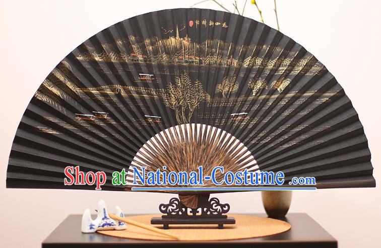 Traditional Chinese Crafts Printing Broken Bridge Mulberry Paper Folding Fan, China Handmade Bamboo Palm Fans for Men