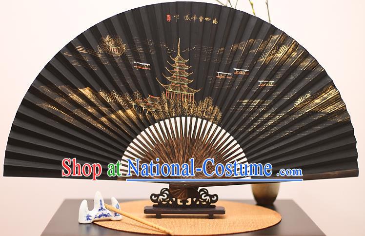 Traditional Chinese Crafts Printing Leifeng Pagoda Mulberry Paper Folding Fan, China Handmade Bamboo Palm Fans for Men