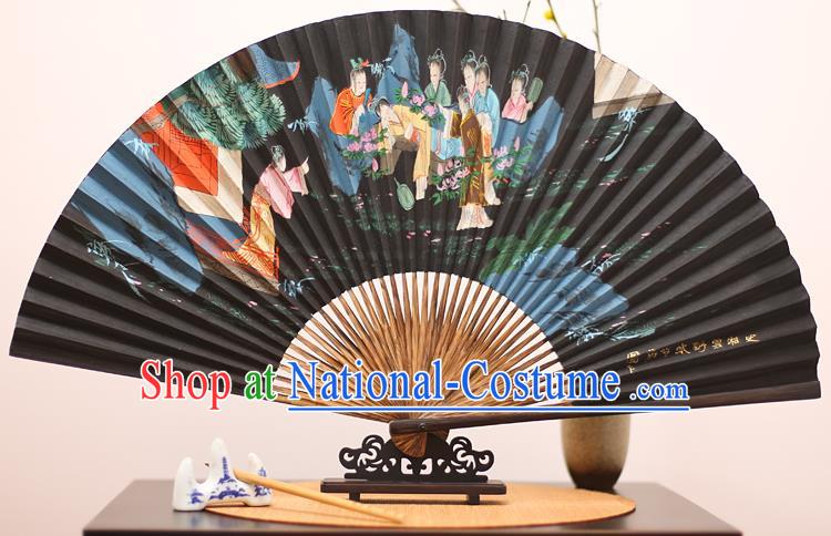 Traditional Chinese Crafts Printing Red Chamber Beauty Mulberry Paper Folding Fan, China Handmade Bamboo Palm Fans for Men