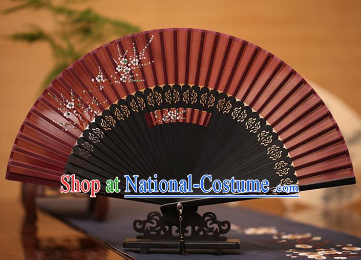 Traditional Chinese Crafts Printing Plum Blossom Folding Fan, China Handmade Classical Purplish Red Silk Fans for Women