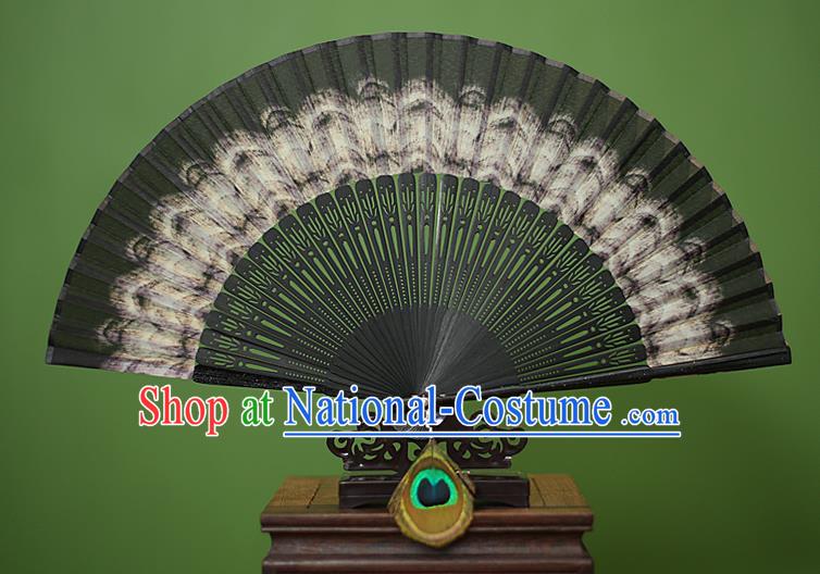 Traditional Chinese Crafts Peacock Spreads Tail Folding Fan, China Handmade Classical Black Silk Fans for Women