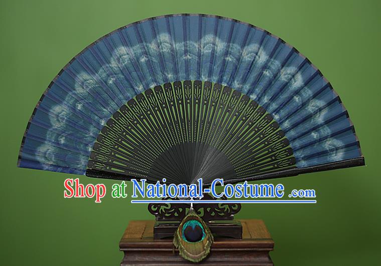 Traditional Chinese Crafts Peacock Spreads Tail Folding Fan, China Handmade Classical Blue Silk Fans for Women