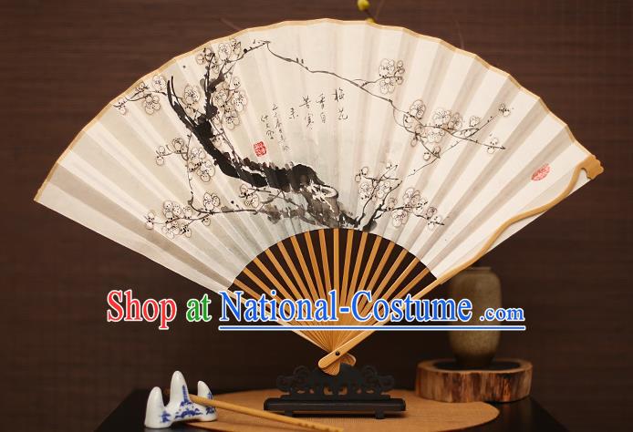 Traditional Chinese Crafts Collectables Autograph Folding Fan, China Handmade Classical Printing Plum Blossom Xuan Paper Fans for Men