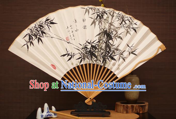 Traditional Chinese Crafts Collectables Autograph Folding Fan, China Handmade Classical Ink Painting Bamboo Xuan Paper Fans for Men