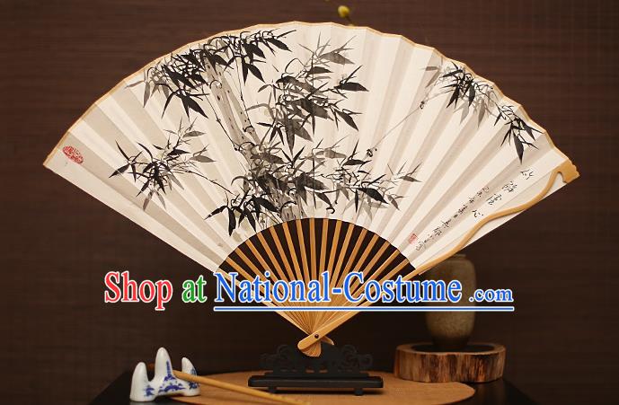 Traditional Chinese Crafts Collectables Autograph Folding Fan, China Handmade Classical Ink Painting Bamboo Xuan Paper Fans for Men