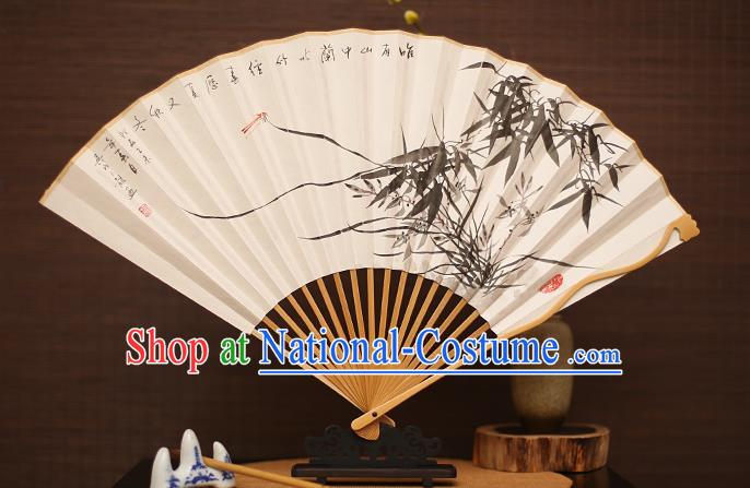 Traditional Chinese Crafts Collectables Autograph Folding Fan, China Handmade Classical Ink Painting Orchid Bamboo Xuan Paper Fans for Men