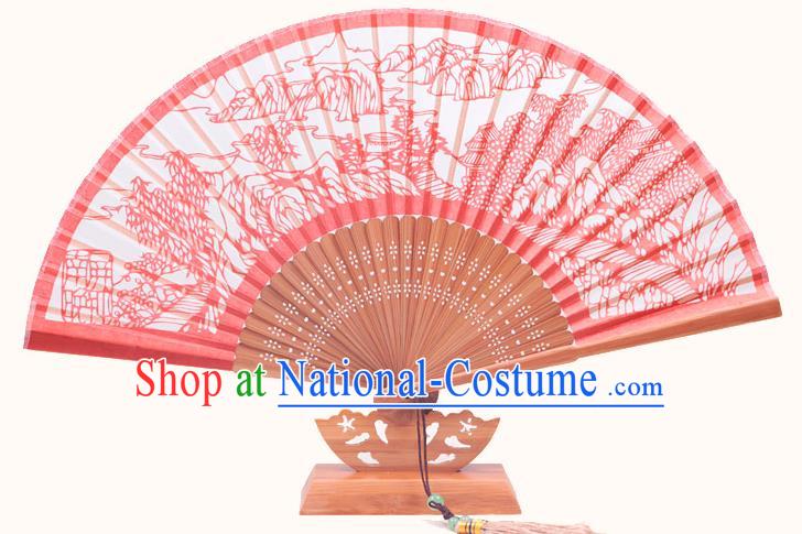 Traditional Chinese Crafts Night Bell In Nanping Mountain Folding Fan, China Handmade Classical Red Silk Fans for Women