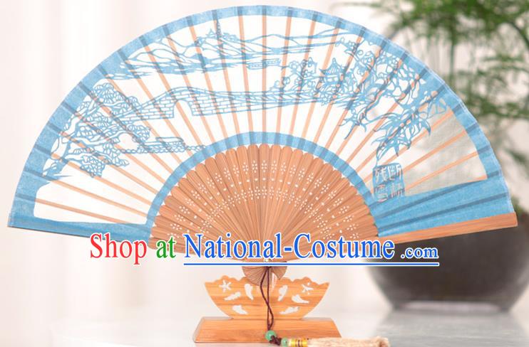 Traditional Chinese Crafts Melting Snow at Broken Bridgen Folding Fan, China Handmade Classical Blue Silk Fans for Women