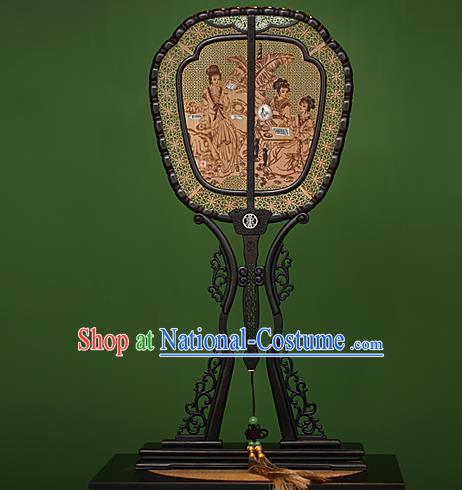 Traditional Chinese Crafts Ebony Pyrographic Palace Fan, China Handmade Princess Sandalwood Fans for Women