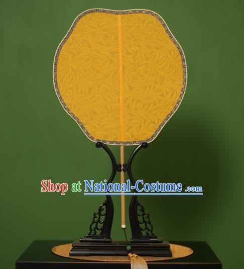 Traditional Chinese Crafts Yellow Jacquard Weave Lace Palace Fan, China Handmade Princess Palm-Leaf Fans for Women