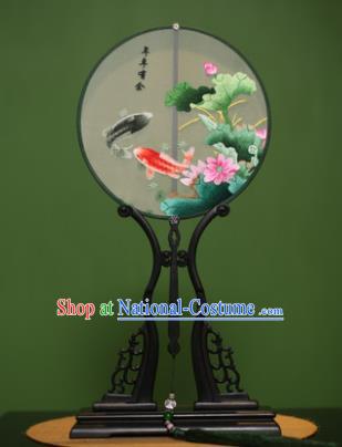 Traditional Chinese Crafts Suzhou Embroidery Lotus Fish Palace Fan, China Princess Embroidered Silk Round Fans for Women