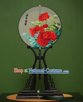 Traditional Chinese Crafts Suzhou Embroidery Red Peony Palace Fan, China Princess Embroidered Silk Round Fans for Women