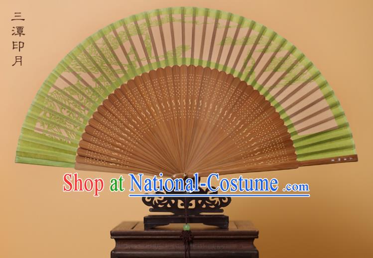 Traditional Chinese Crafts Three Pools Mirroring the Moon Folding Fan, China Handmade Scissor-Cut Green Silk Fans for Women