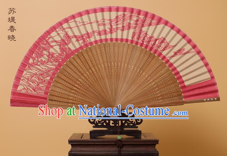 Traditional Chinese Crafts Su Causeway Spring Scenery Folding Fan, China Handmade Scissor-Cut Rosy Silk Fans for Women