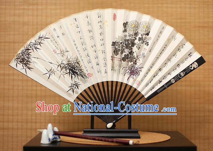 Traditional Chinese Crafts Collectables Autograph Xuan Paper Folding Fan, China Handmade Ink Painting Bamboo Chrysanthemum Fans for Men