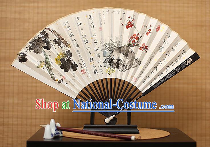 Traditional Chinese Crafts Collectables Autograph Xuan Paper Folding Fan, China Handmade Ink Painting Wintersweet Fans for Men