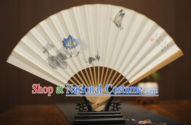 Traditional Chinese Crafts Collectables Autograph Xuan Paper Folding Fan, China Handmade Painting Petunia Butterfly Fans for Men