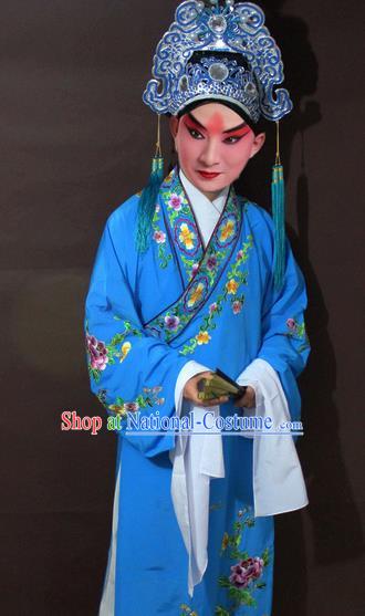 Traditional China Beijing Opera Niche Costume Blue Embroidered Robe, Chinese Peking Opera Gifted Scholar Clothing