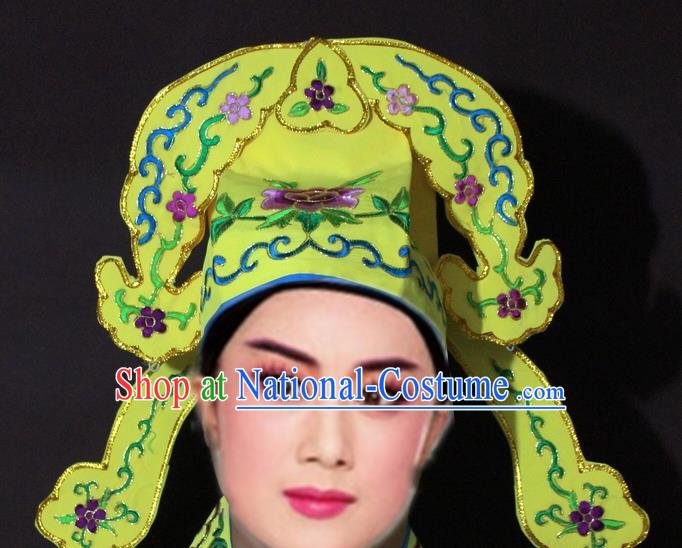 Traditional China Beijing Opera Niche Embroidered Yellow Hats, Chinese Peking Opera Gifted Scholar Headwear