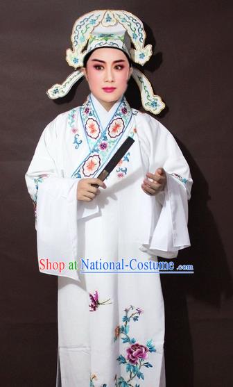 Traditional China Beijing Opera Niche Costume White Embroidered Robe, Chinese Peking Opera Gifted Scholar Clothing