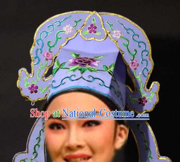 Traditional China Beijing Opera Niche Embroidered Purple Hats, Chinese Peking Opera Gifted Scholar Headwear