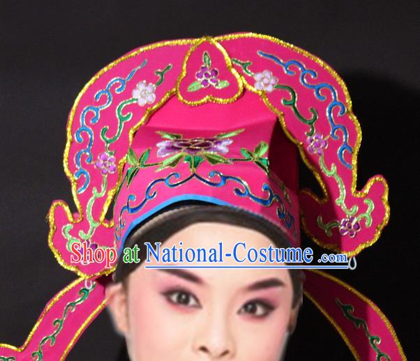 Traditional China Beijing Opera Niche Embroidered Rosy Hats, Chinese Peking Opera Gifted Scholar Headwear