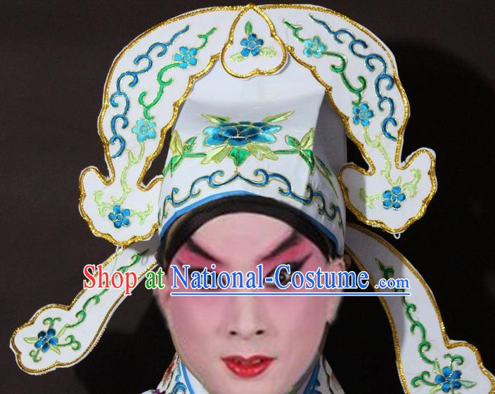 Traditional China Beijing Opera Niche Embroidered White Hats, Chinese Peking Opera Gifted Scholar Headwear