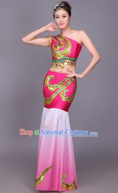 Chinese Traditional Dai Nationality Peacock Dance Costume Pavane Rosy Dress for Women