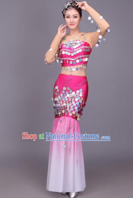 Chinese Traditional Dai Nationality Peacock Dance Costume Pavane Sequins Rosy Dress for Women