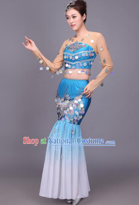 Chinese Traditional Dai Nationality Peacock Dance Costume Pavane Sequins Blue Dress for Women