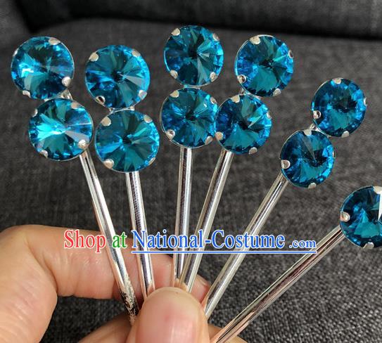 Chinese Traditional Peking Opera Diva Blue Crystal Hair Accessories Ancient Princess Hairpins for Women