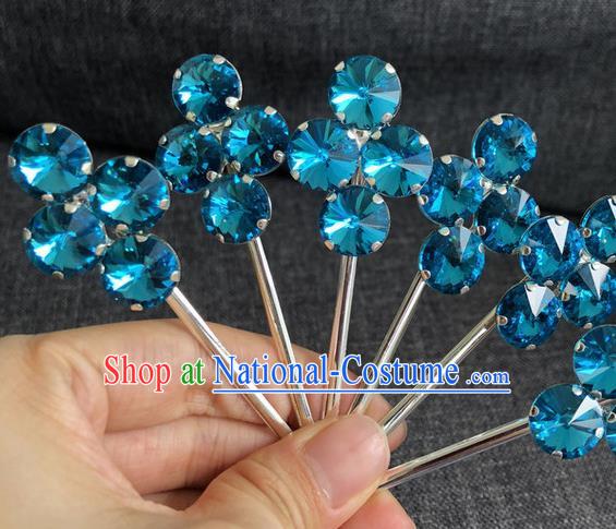 Chinese Traditional Peking Opera Diva Hair Accessories Ancient Princess Blue Crystal Hairpins for Women