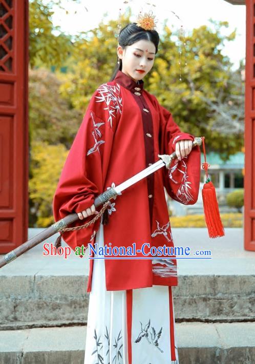 Chinese Ancient Ming Dynasty Swordswoman Costumes Embroidered Red Hanfu Dress for Women