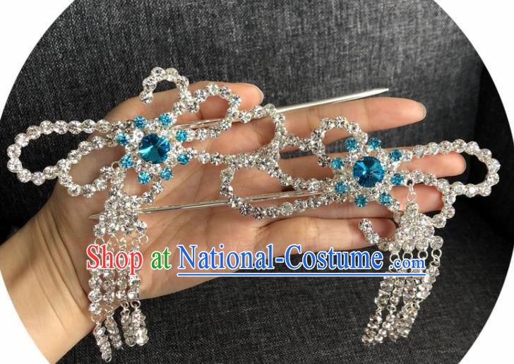 Chinese Traditional Peking Opera Diva Hair Accessories Ancient Blue Crystal Tassel Hairpins for Women