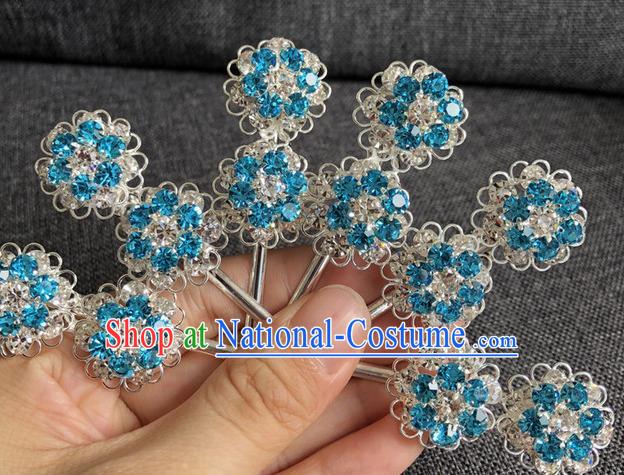 Chinese Traditional Peking Opera Diva Hair Accessories Ancient Blue Crystal Wintersweet Hairpins for Women