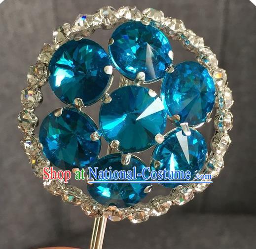 Chinese Ancient Blue Crystal Hairpins Traditional Peking Opera Diva Hair Accessories for Women