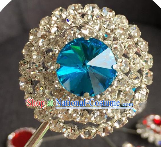 Chinese Ancient Princess Blue Crystal Hairpins Traditional Peking Opera Diva Hair Accessories for Women