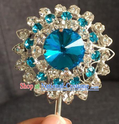 Chinese Ancient Princess Blue Crystal Hairpins Traditional Peking Opera Diva Hair Accessories for Women